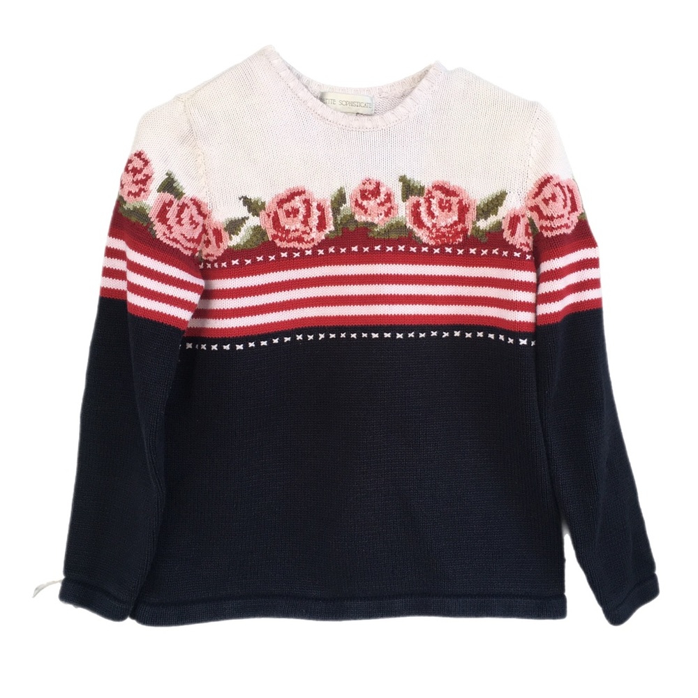 Petite Sophisticate Women M Pullover Heavy Knit Sweater Rose Stripe Blue Red UK